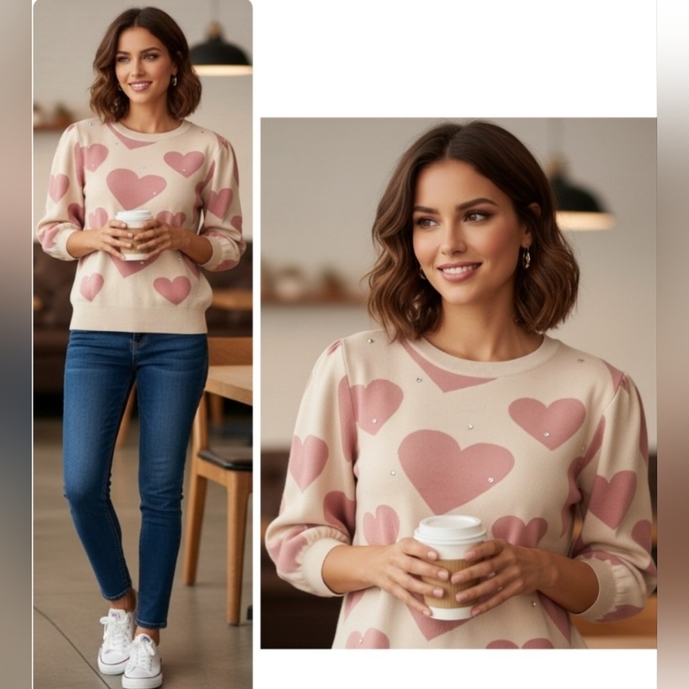 Ontwelfth Cream Pink Love Hearts Rhinestones Hearts Balloon Sleeves Sweater XL